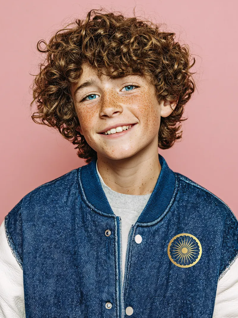 Boy with curly hair and a big smile in a varsity-style jacket