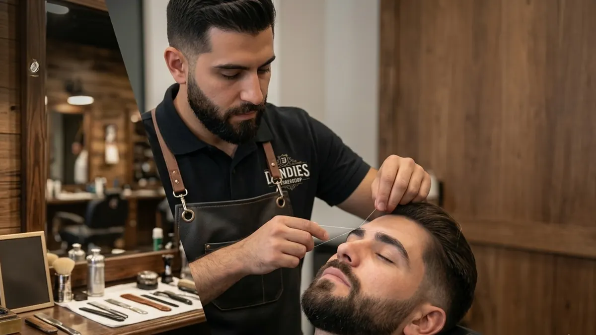 Barber in a Dandies apron grooming a client's eyebrows in the barbershop